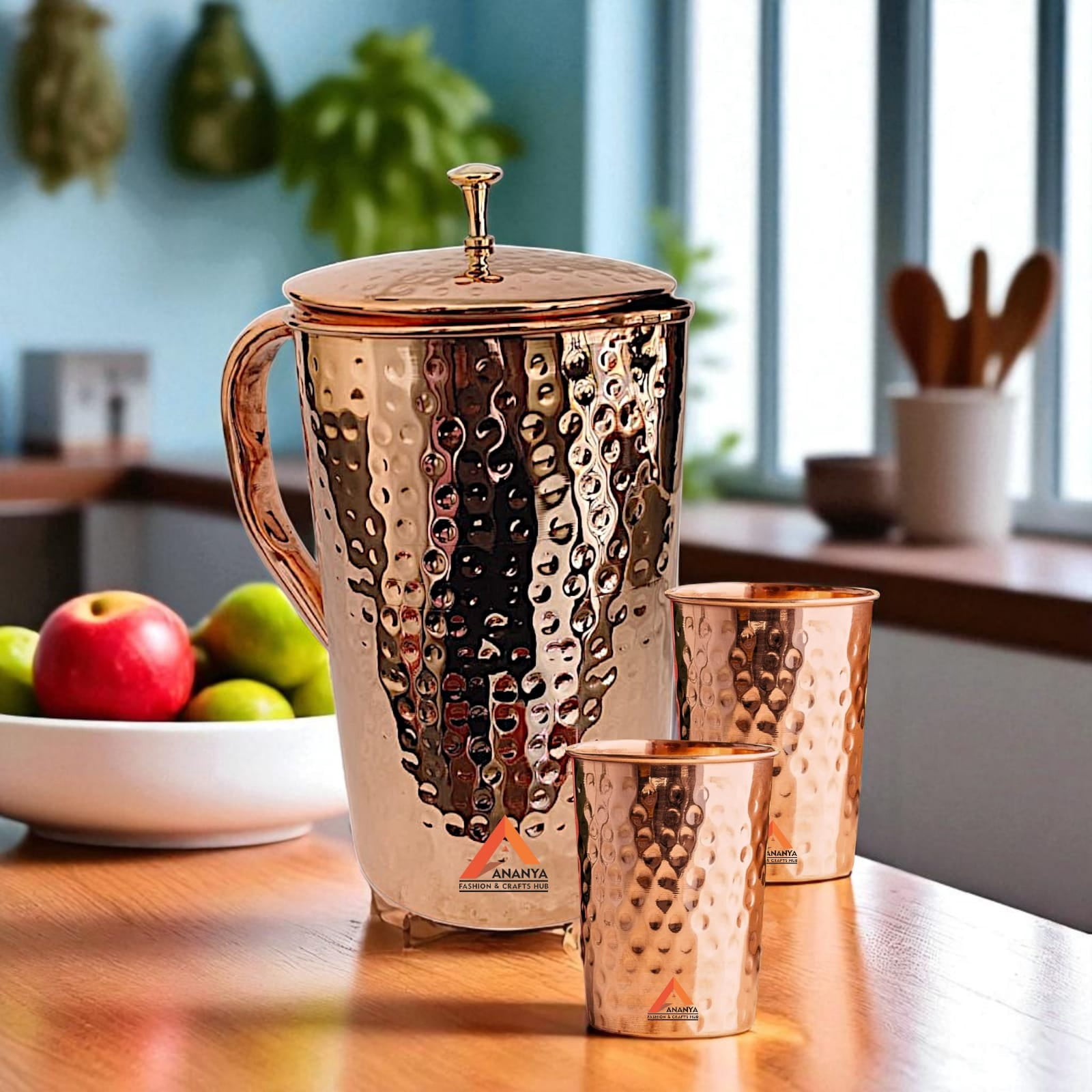 Ananya Fashion and Crafts Hub Pure Copper Water Jug with Brass Knob Top 1.5 Litre (1500 ml) + 2 Tumbler (300 ml) Hammered Ayurveda Health Benefits Pitcher Set of 3