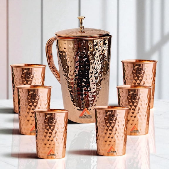 Ananya Fashion and Crafts Hub Pure Copper Water Jug with Brass Knob Top 1.5 Litre (1500 ml) + 6 Tumbler (300 ml) Hammered Ayurveda Health Benefits Pitcher Set of 7