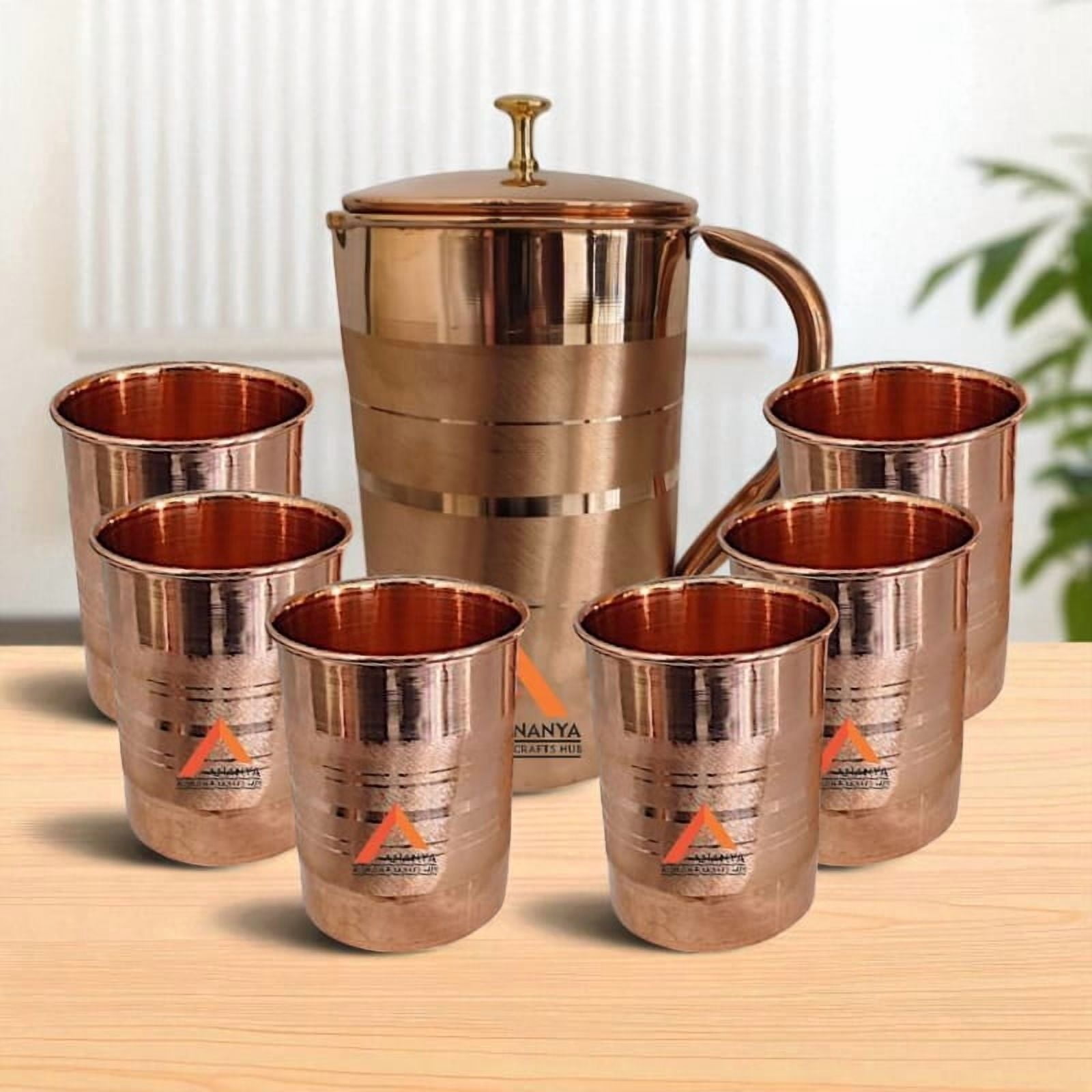 Ananya Fashion and Crafts Hub Pure Copper Water Jug with Brass Knob Top 1.5 Litre (1500 ml) + 6 Tumbler (300 ml) Silver Touch Ayurveda Health Benefits Pitcher Set of 7