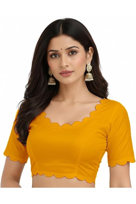 Women’s Black Dupion Silk Saree Blouse | Scalloped Edge Short Sleeve Designer Crop Top with Deep V Back | Ready to Wear Padded