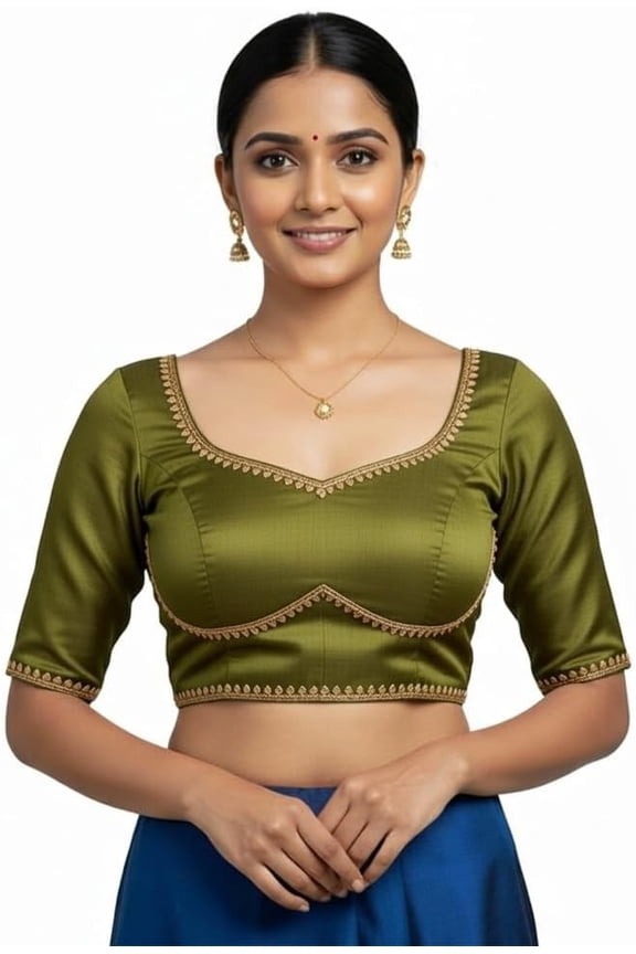 Women’s Dupion Saree Blouse with Gold Trim Half Sleeve Sweetheart Neck & Adjustable Tie-Back Ethnic Crop Top Choli Non Padded
