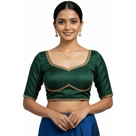 Ananya Fashion and Crafts Hub Women’s Dupion Saree Blouse with Gold Trim Half Sleeve Sweetheart Neck & Adjustable Tie-Back Ethnic Crop Top Choli Padded
