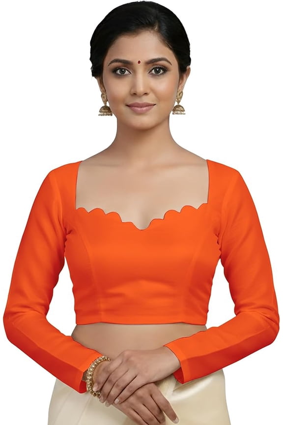 Women’s Elegant Long Sleeve Dupion Saree Blouse with Deep Open Back & Scalloped Neckline Ethnic Crop Top Choli Non Padded