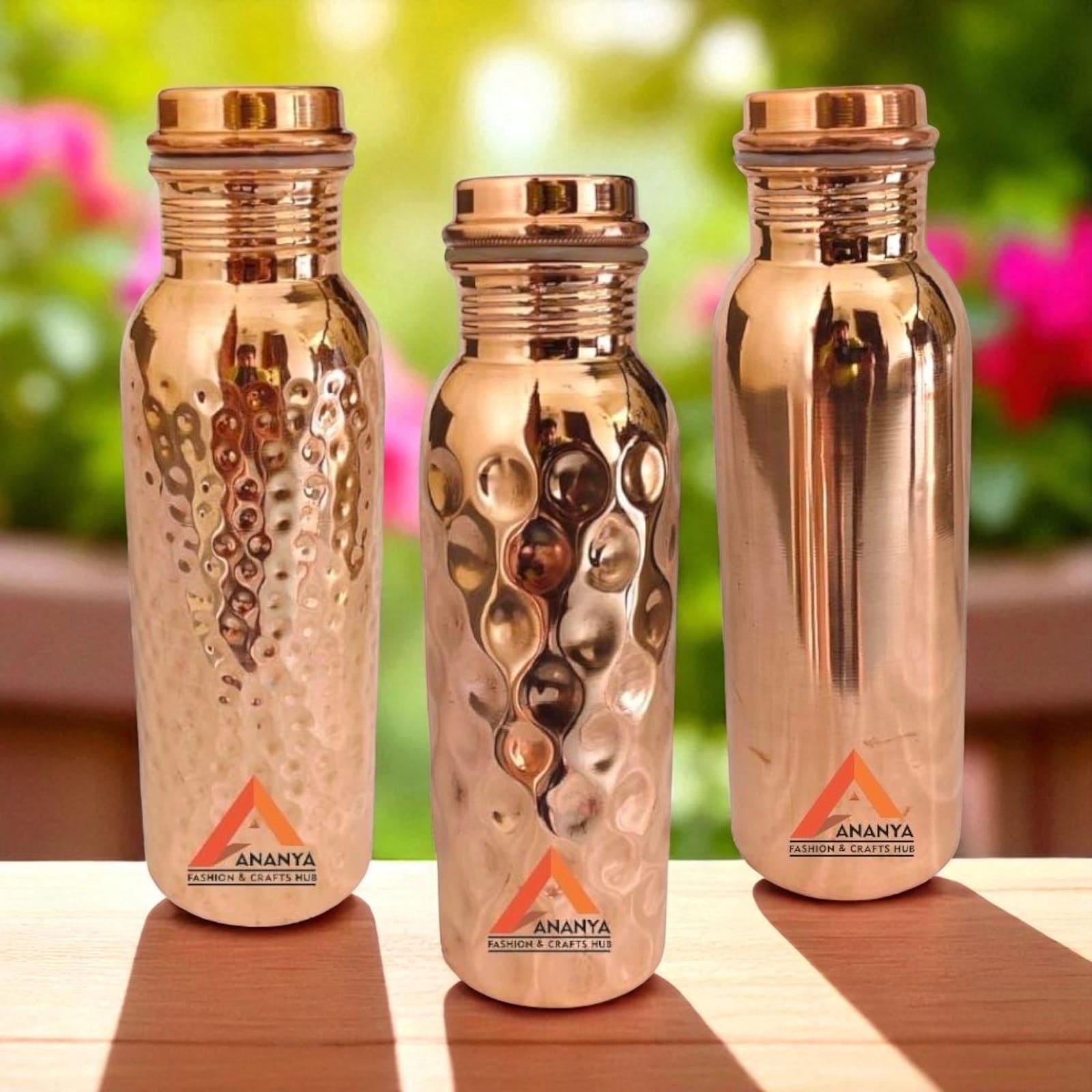 Ananya Fashion and Crafts Hub Pure Copper Water Leak-Proof Bottle Diamond ,Plain and Hammered 3 Pieces Set For Ayurveda Health Benefits