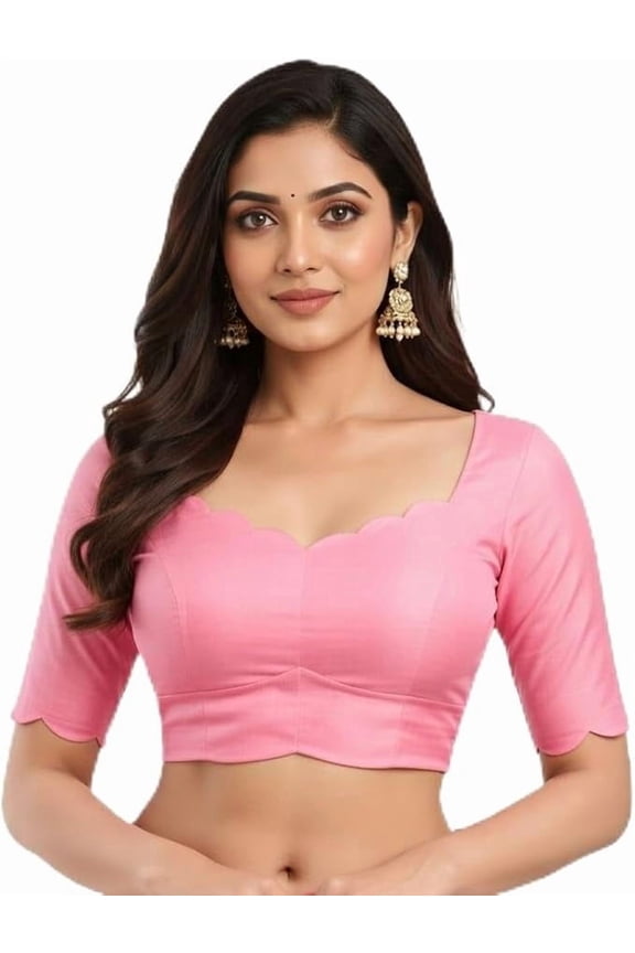 Readymade Women’s Dupion Silk Saree Blouse Scalloped Neckline Half Sleeve Back Cutout Side Zipper Padded