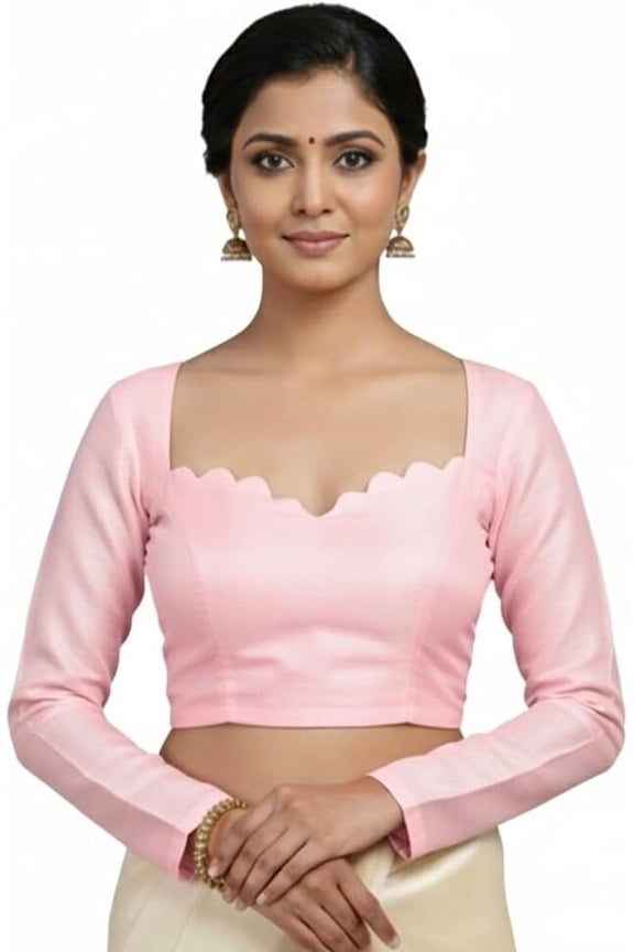 Women’s Elegant Long Sleeve Dupion Saree Blouse with Deep Open Back & Scalloped Neckline Ethnic Crop Top Choli Padded