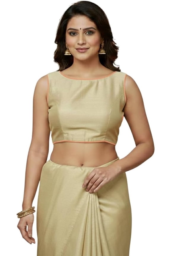 Women’s Sleeveless Round Neck Dupion Crop Top Blouse Back Tie-Up with Hook & Eye Closure Padded