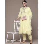 Anarkali Style Cotton Kurta Pant Dupatta Set Indian Women Kurti Salwar Suit V-Neck Size 46