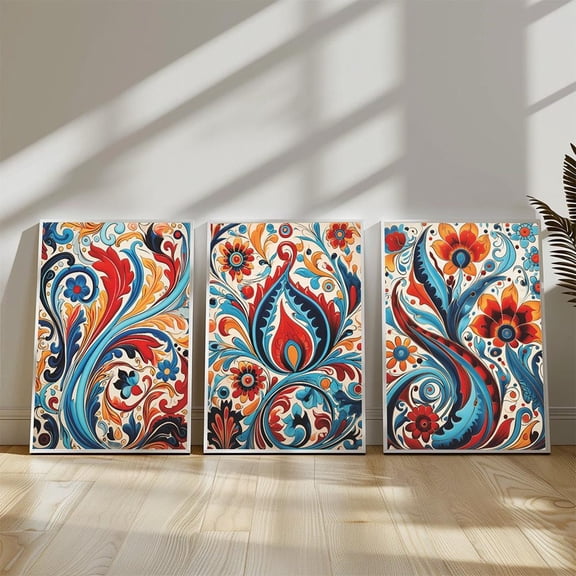 Anatolian Floral Wall Art Prints Turkish Tile Decor, Stretched Canvas