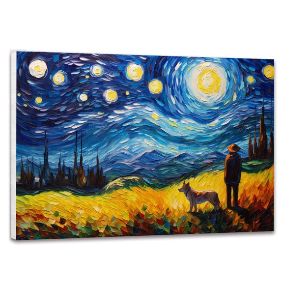 Anatolian Shepherd Canvas Wall Art with Starry Night Van Gogh Painting Pictures Modern Abstract Landscape Artwork for Living Room Bedroom Dinning decor