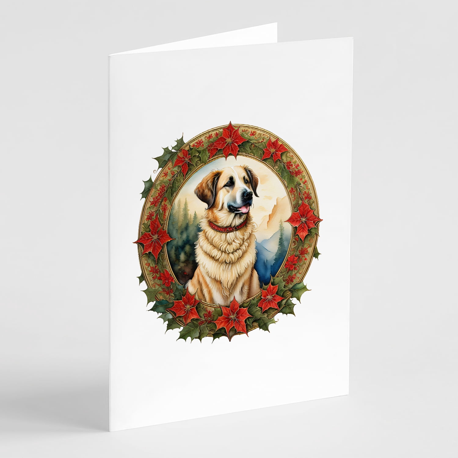 Anatolian Shepherd Dog Christmas Flowers Greeting Cards Pack of 8 7 in x 5 in