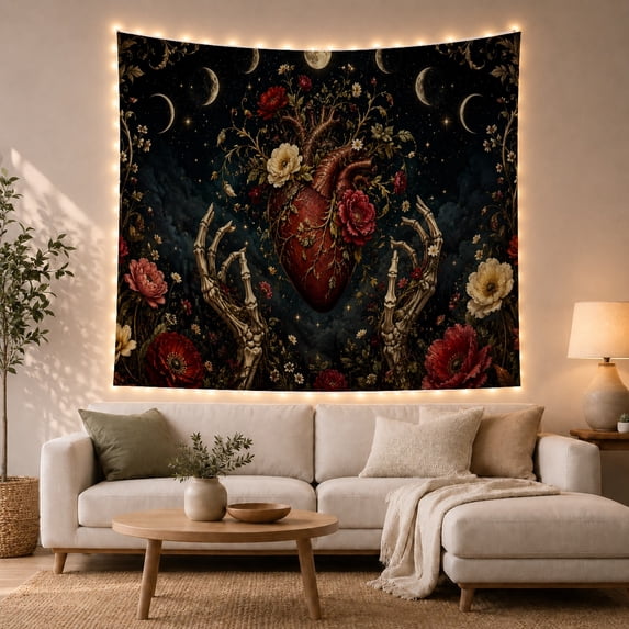 Anatomical Heart Among Skeletal Hands and Flowers, Moody Gothic for Dark Art Lovers, Botanical Wall Art, Halloween Gift, Tapestry Wall Hanging for Bedroom and Living Room