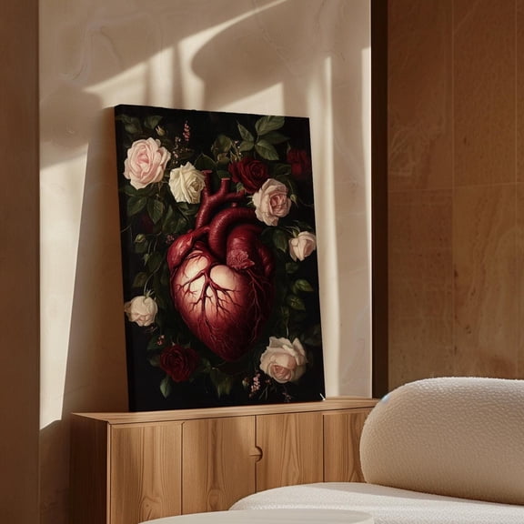 Anatomical Heart With Roses Art Print - Romantic Gothic Wall Decor, Dark Floral Unique Valentine'S Day Gift Wall Art, Modern Wall Decor, 24x36 UNFRAMED
