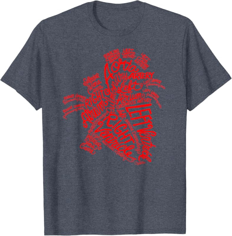 Anatomical Heart Word Art in Red Tshirt for Men Women Kids