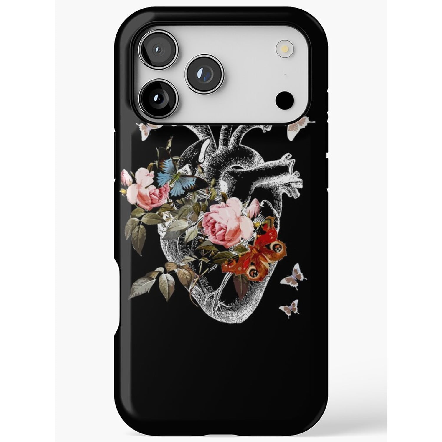 Anatomical Heart with Pink Roses and Butterflies Tough iPhone Case ...