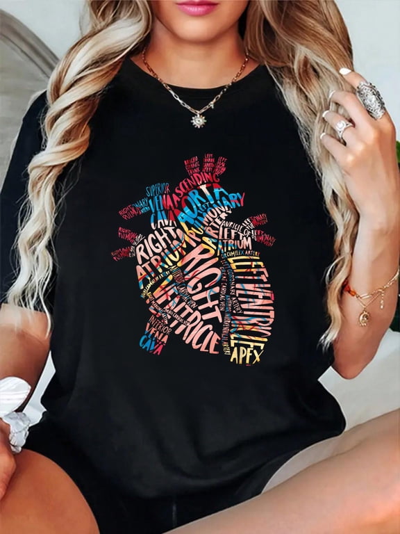 Anatomical Human Heart Cardiology Medical Cardiac Nurse T-Shirt casual short sleeve crew neck cotton tee tops for women