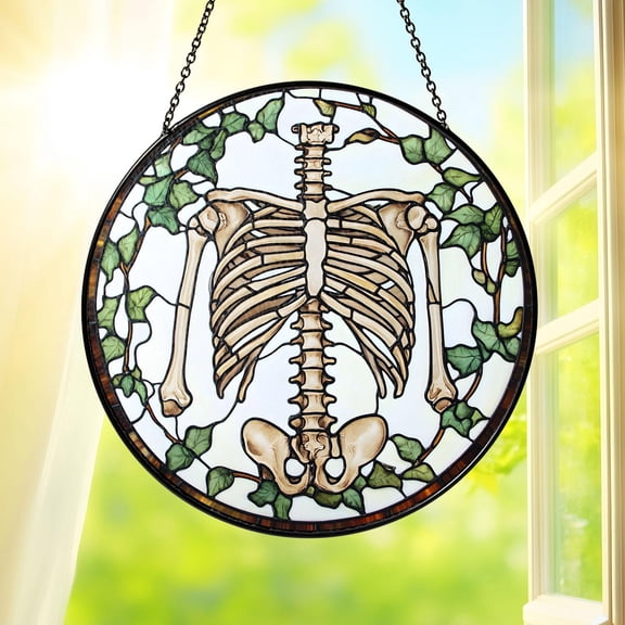 Anatomical Skeleton Human Rib Cage Spine Gothic Medical Art Stained Glass Suncatcher Window Hanging Home Decor