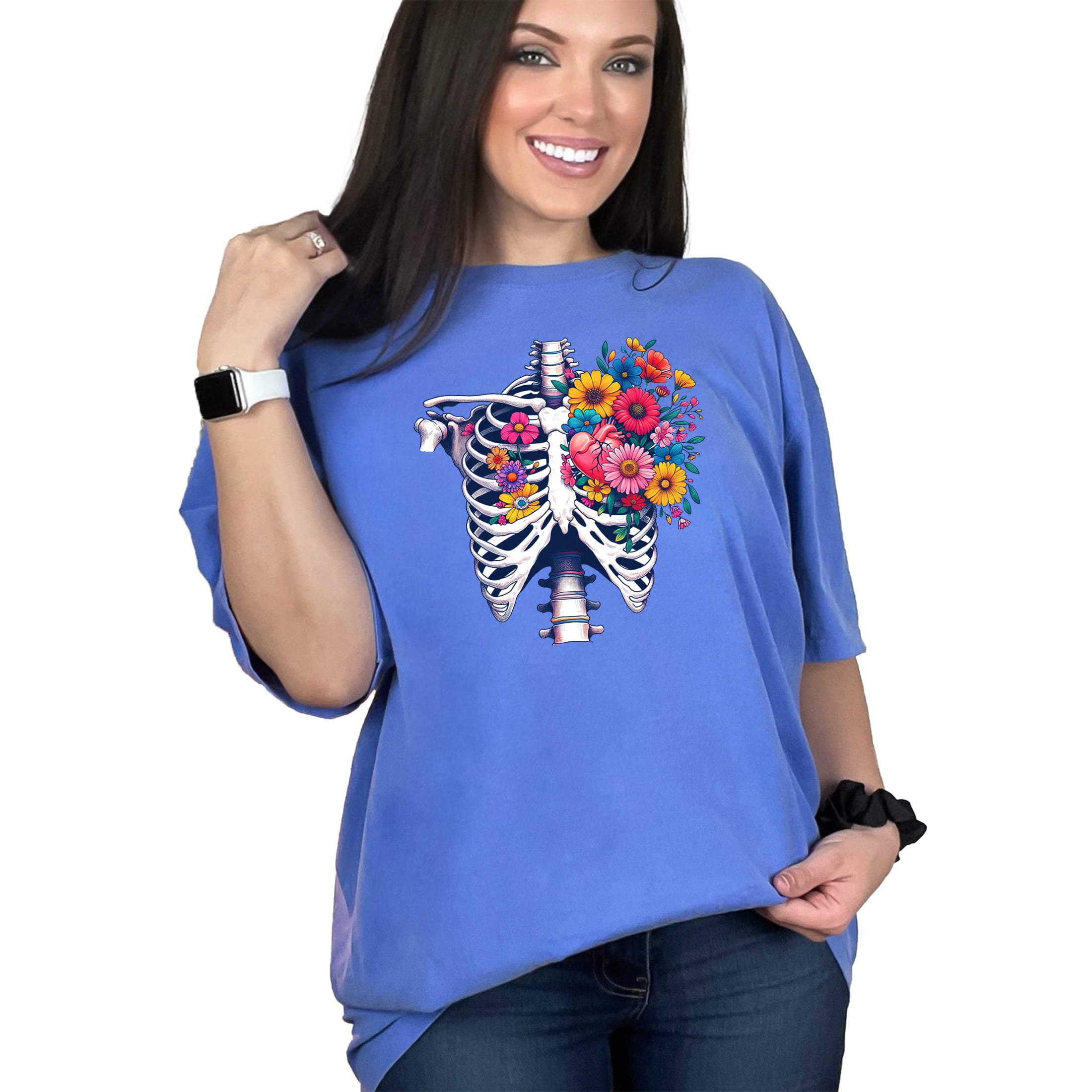 Skeleton Flo Anatomical Skeleton T-Shirt, Floral Heart Design Shirt, Artistic ...