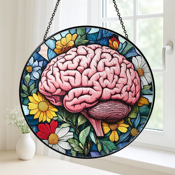 Anatomy Brain Flower Stained Glass Suncatcher Window Hanging, Creative Science Decor