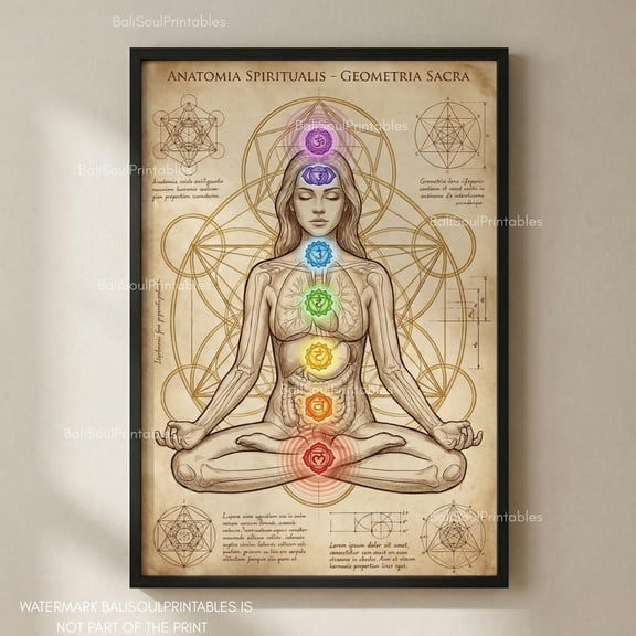 Anatomy Sacred Geometry Chakra Poster 7 Chakras Alignment Print Energy Healing Art Meditation Yoga Wall Decor Spiritual Boho Artwork