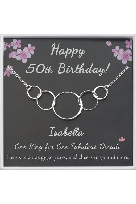 50th Birthday Gifts for Women, 925 Sterling Silver 5 Circles Necklace For Her, 5 Decade Jewelry 50 Years Old -[5 Flat Circles, Custom Name]