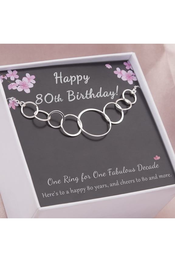 80th Birthday Gift for Grandma, 925 Sterling Silver 8 Flat Circles Necklace, 80 Years Old Birthday Gift for Nana