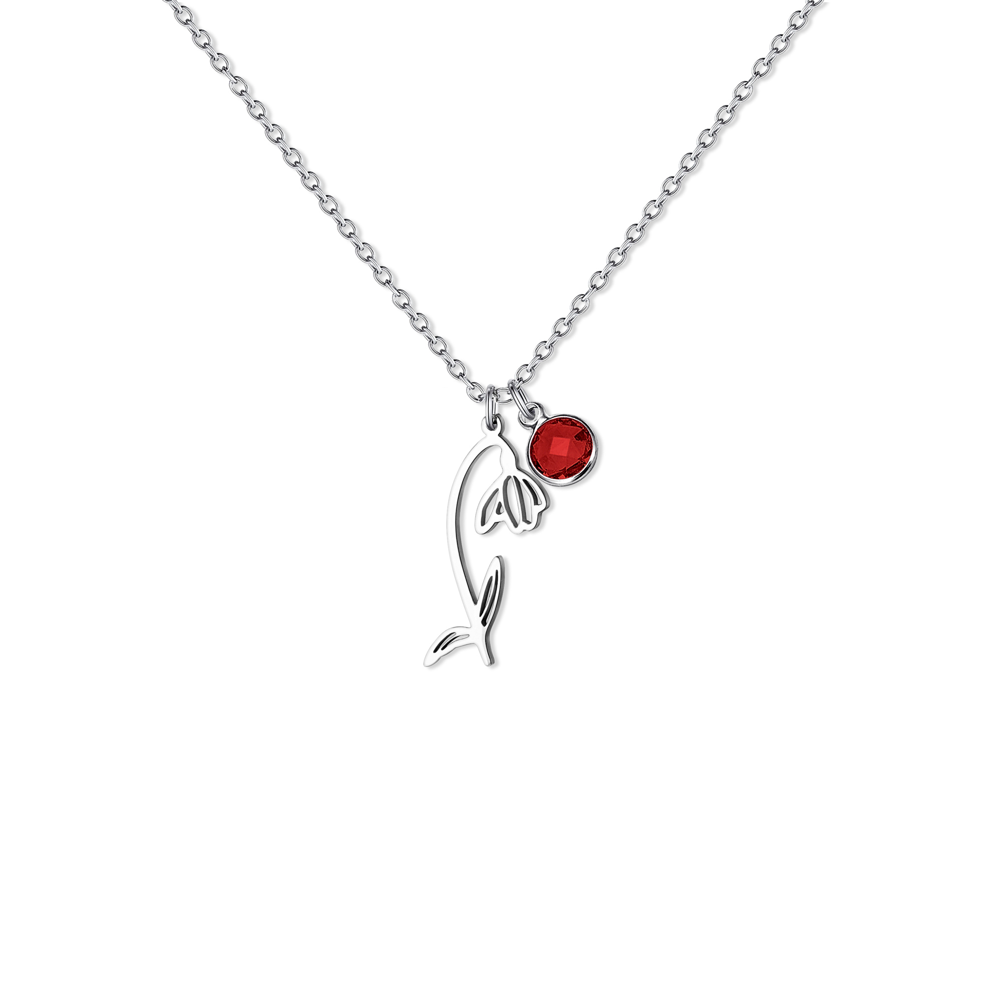 Anavia Adult Women's Stainless Steel Birth Flower Silver January Snowdrop Dark Red Birthstone Charm Necklace