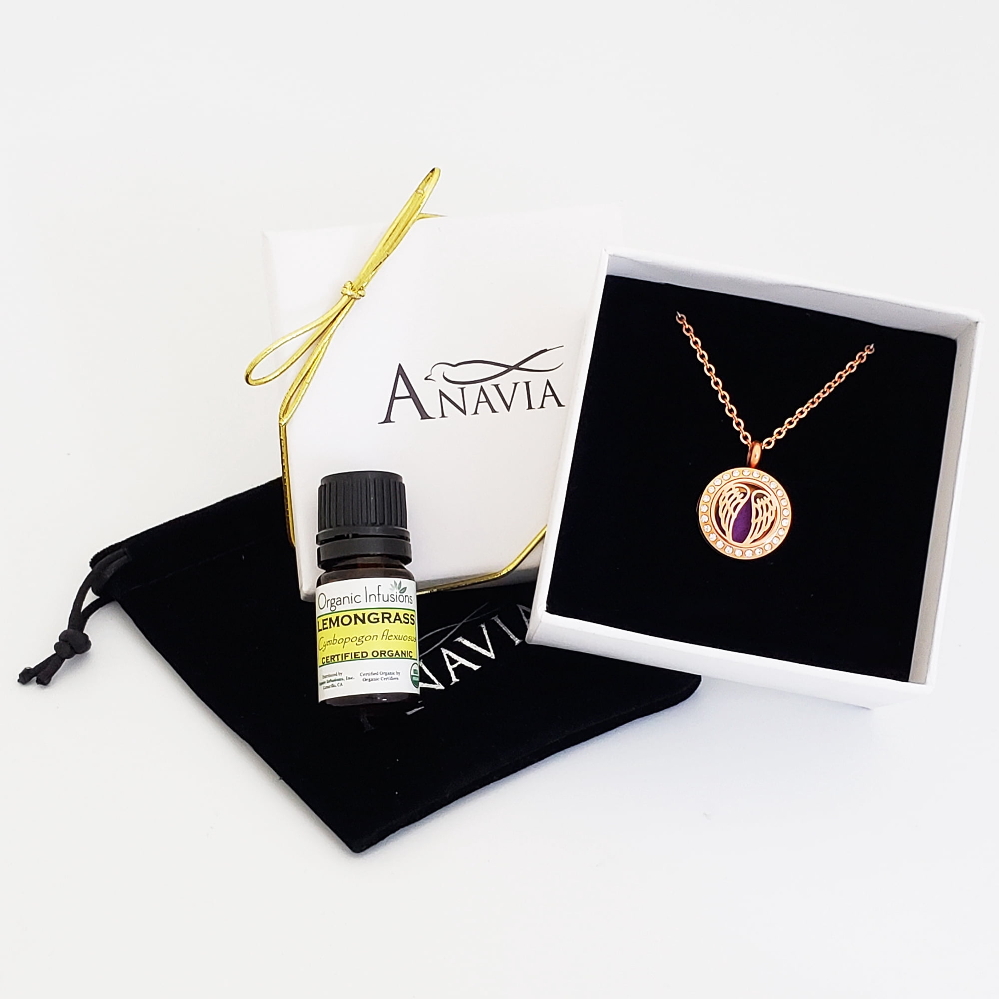 Anavia Aromatherapy Starter Kit Angel Wings Gift for Her Girlfriend Wife Travel Diffuser Rhinestone Necklace & Organic Essential Oil Aromatherapy Jewelry Gift Set - Rose Gold Necklace & Lemongrass Oil