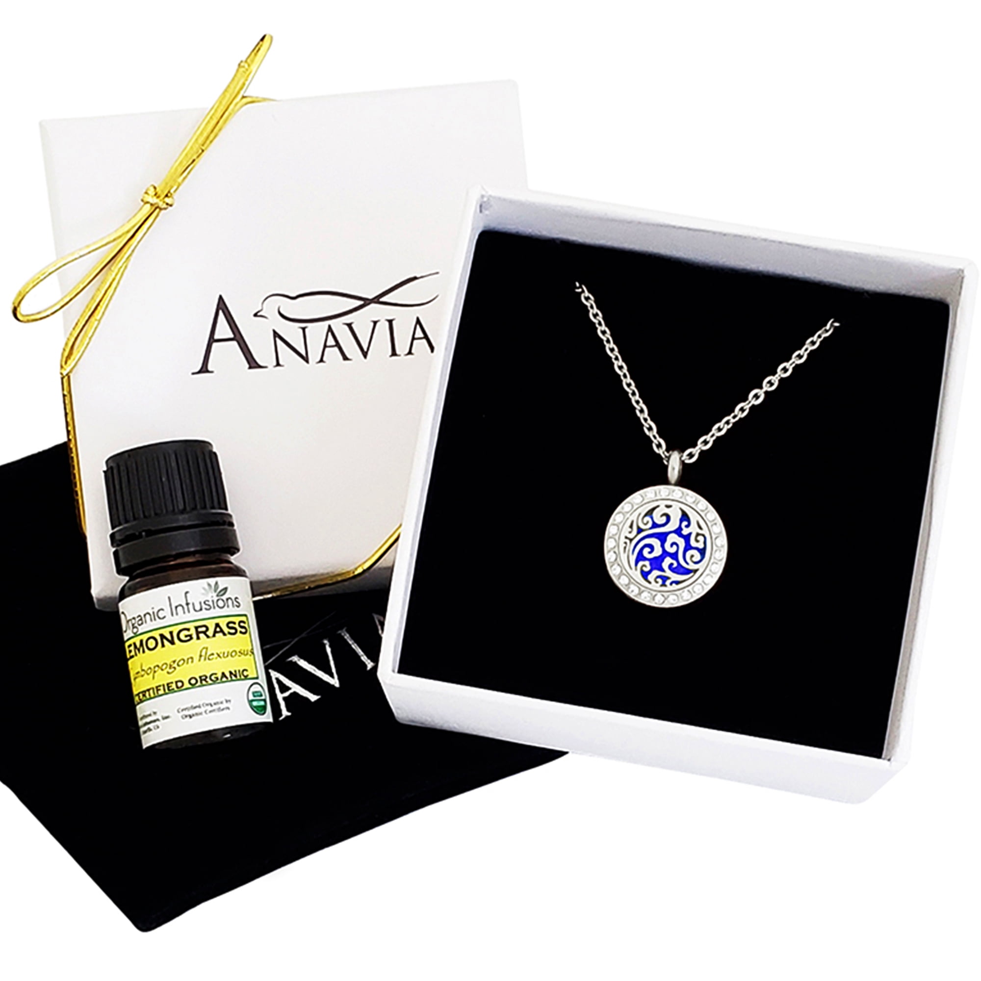 Anavia Aromatherapy Starter Kit Clouds Day Gift for Her Girlfriend Wife Diffuser Rhinestone Necklace & Organic Essential Oil Birthday Jewelry Gift Set - Silver Necklace & Lemongrass Oil