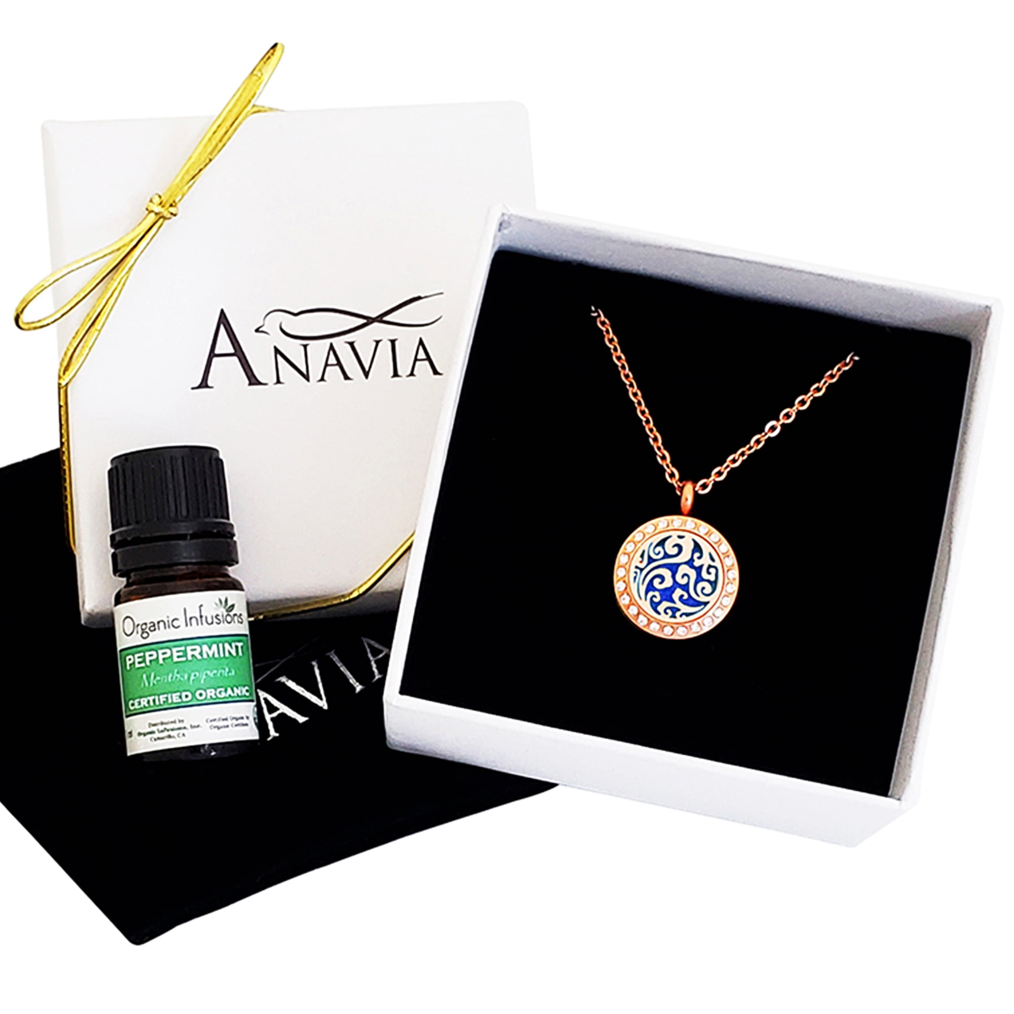 Anavia Aromatherapy Starter Kit Clouds Mother's Day Gift for Mom Girlfriend Wife Diffuser Rhinestone Necklace & Organic Essential Oil Jewelry Gift Set - Rose Gold Necklace & Peppermint Oil