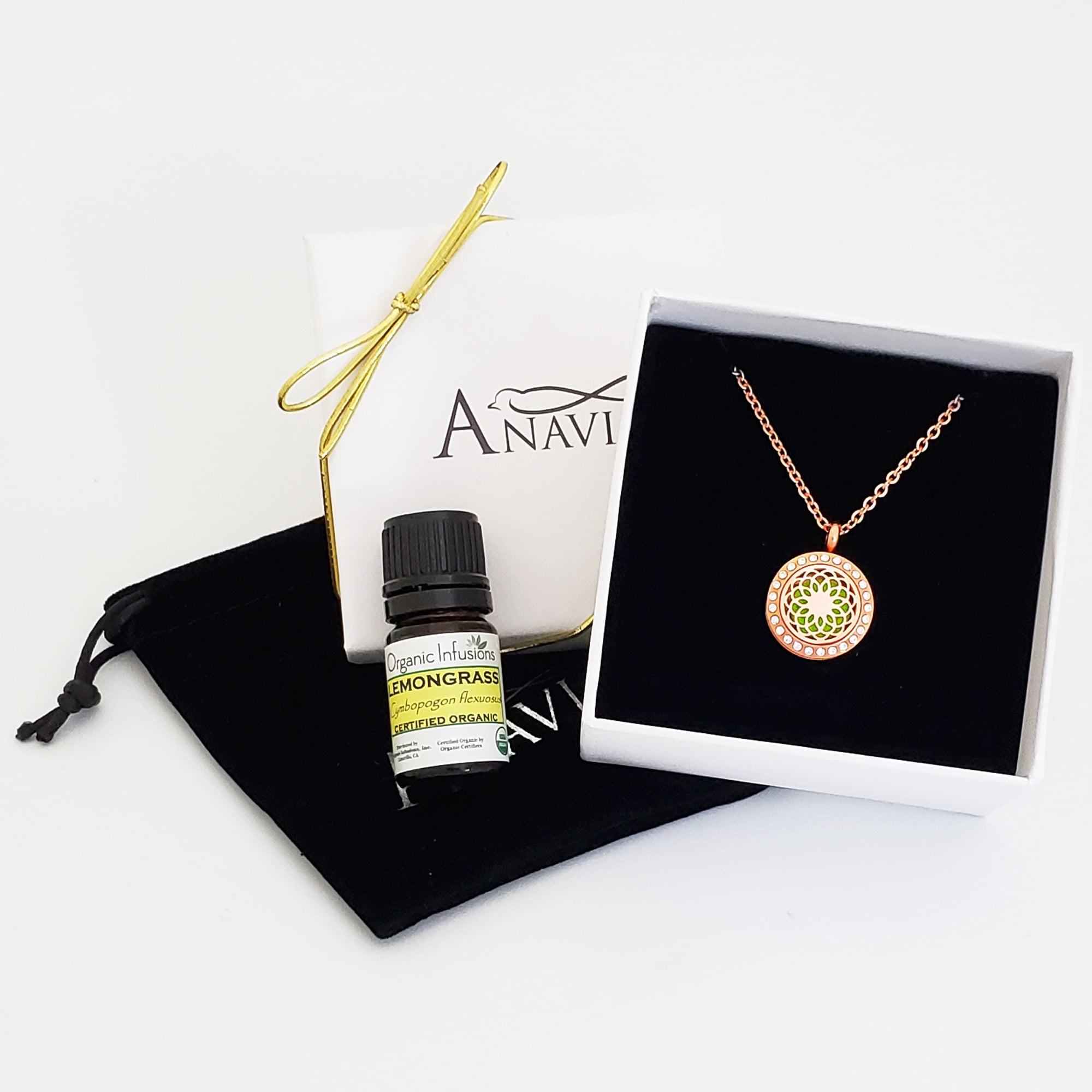 Anavia Aromatherapy Starter Kit Dream Catcher Anniversary Gift for Her Girlfriend Wife Diffuser Rhinestone Necklace & Organic Essential Oil Jewelry Gift Set - Rose Gold Necklace & Lemongrass Oil