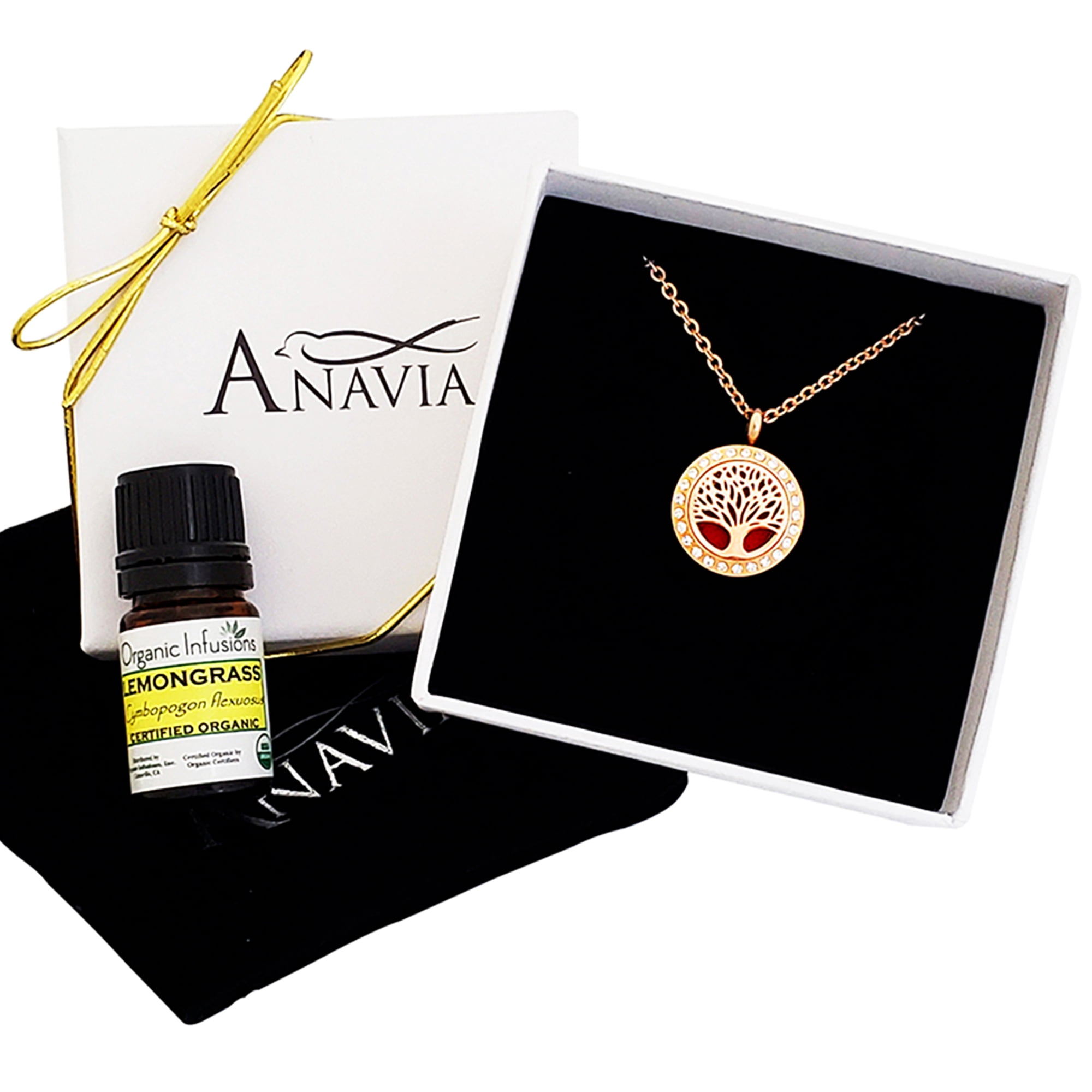 Anavia Aromatherapy Starter Kit Tree of Life Diffuser Crystal Necklace & Organic Gift for Wife Fiancee Girlfriend Essential Oil Day Gift for Her Jewelry Gift Set - Rose Gold Necklace Lemongrass Oil