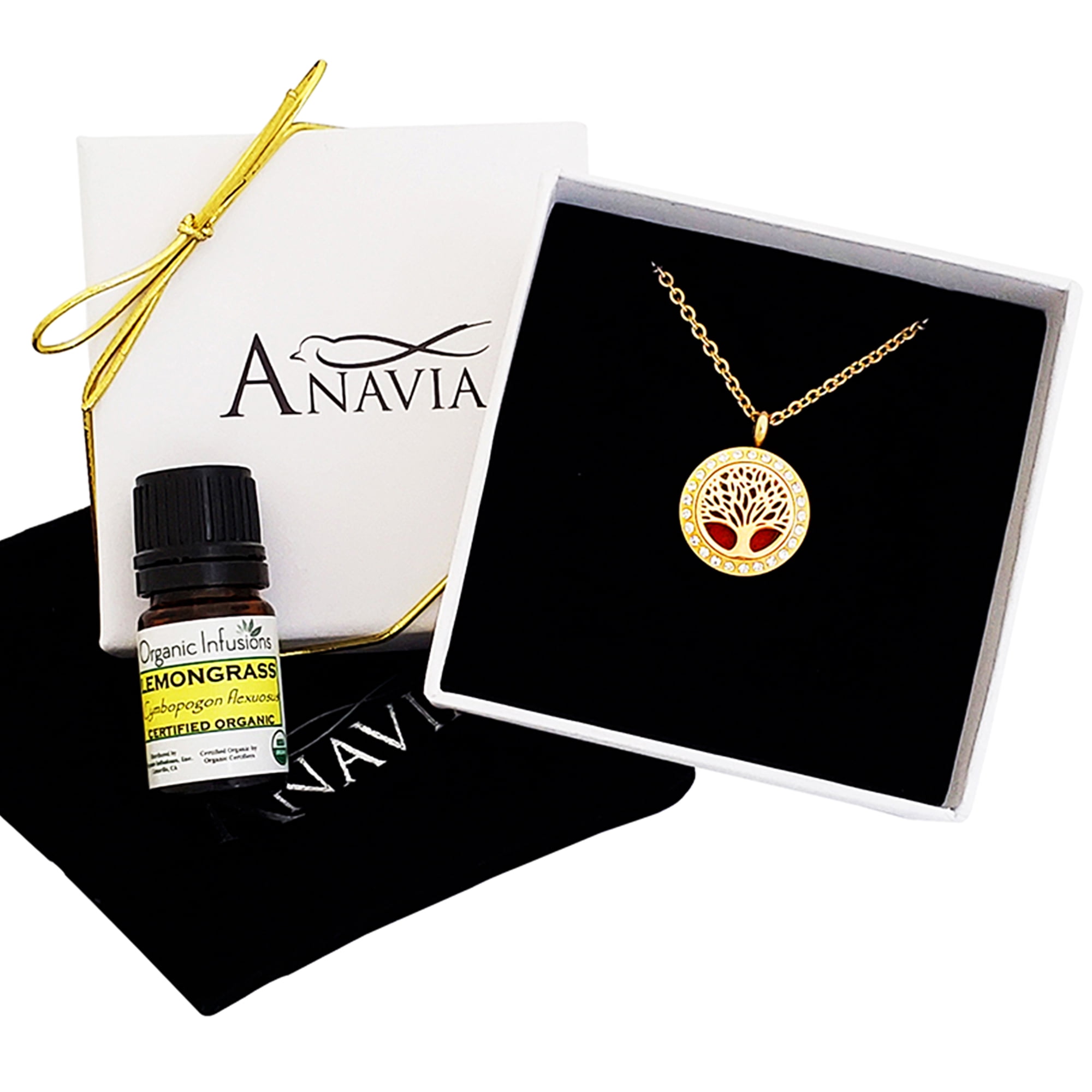 Anavia Aromatherapy Starter Kit Tree of Life Gift for Her Essential Oil Diffuser Rhinestone Necklace & Organic Gift for Wife Fiancee Birthday Jewelry Gift Set - Gold Necklace & Lemongrass Oil