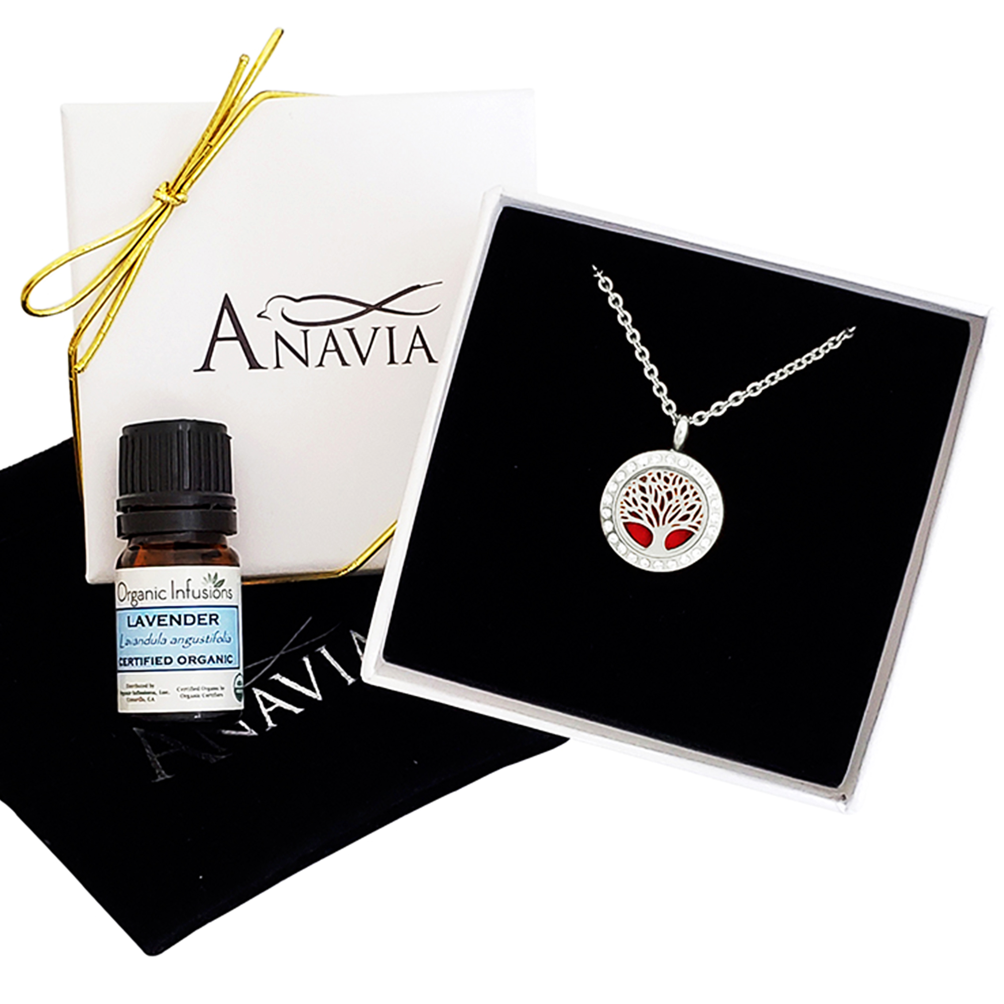 Anavia Aromatherapy Tree of Life Diffuser Crystal Rhinestone Necklace & Organic Gift for Wife Girlfrien Fiancee Essential Oil Anniversary Birthday Gift for Her Jewelry Gift Set Ships Next Day!