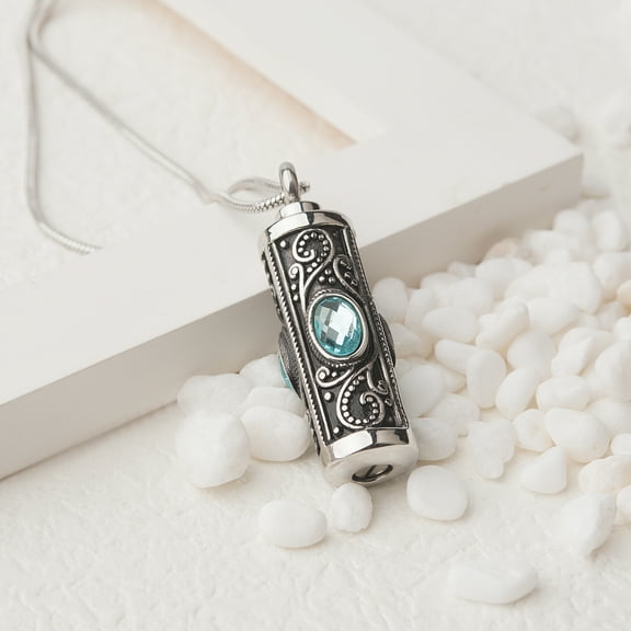 Anavia Ashes Chain Vintage Stainless Steel Cylinder Memorial Jewelry, Keepsake Urn Necklace Blue Crystal Inlay Cremation Pendant - [Blue Gemstone]
