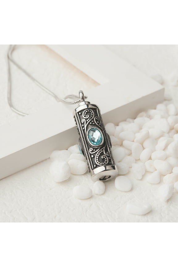 Ashes Chain Vintage Stainless Steel Cylinder Memorial Jewelry, Keepsake Urn Necklace Blue Crystal Inlay Cremation Pendant - [Blue Gemstone]