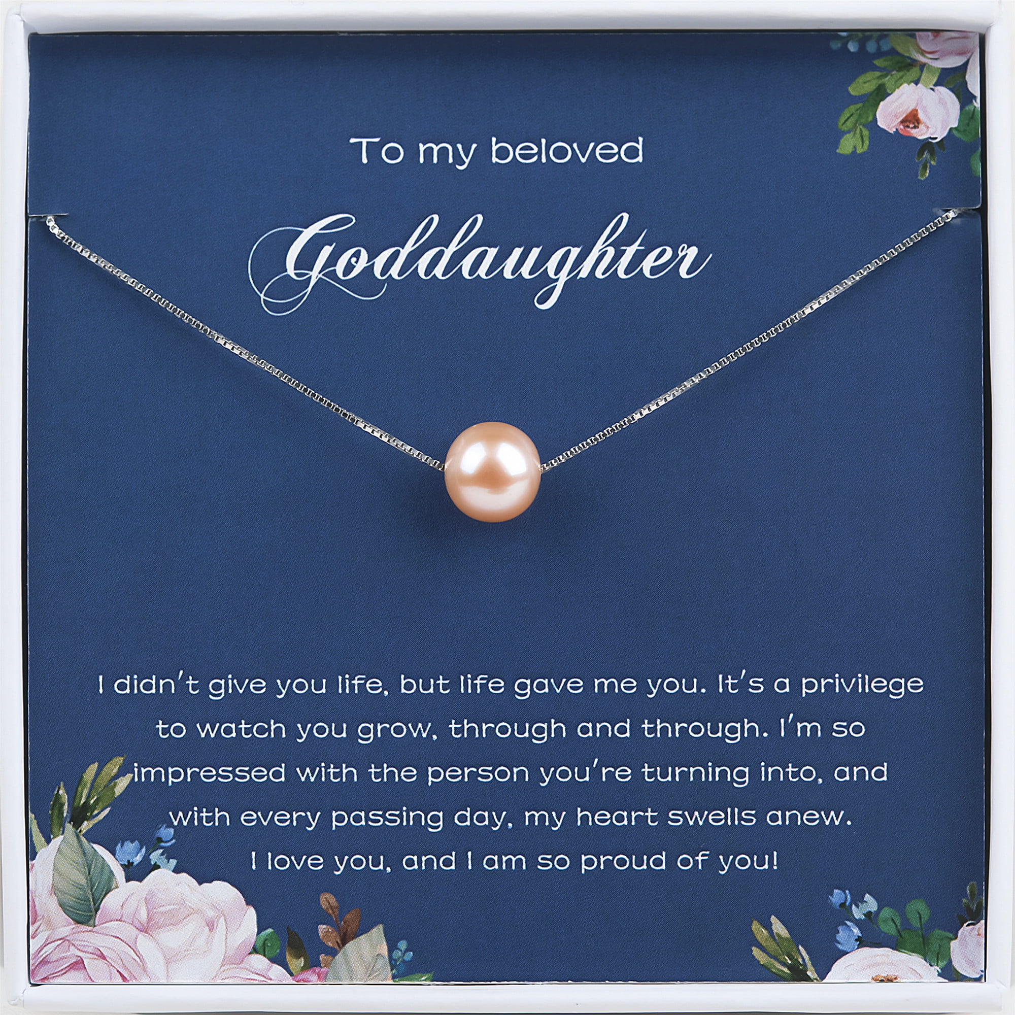 Anavia To My Beloved Goddaughter Gift Card, Goddaughter Birthday Gift from Godmother, Goddaughter Wedding Gift Pearl Necklace-[Pink Pearl + Silver Chain]