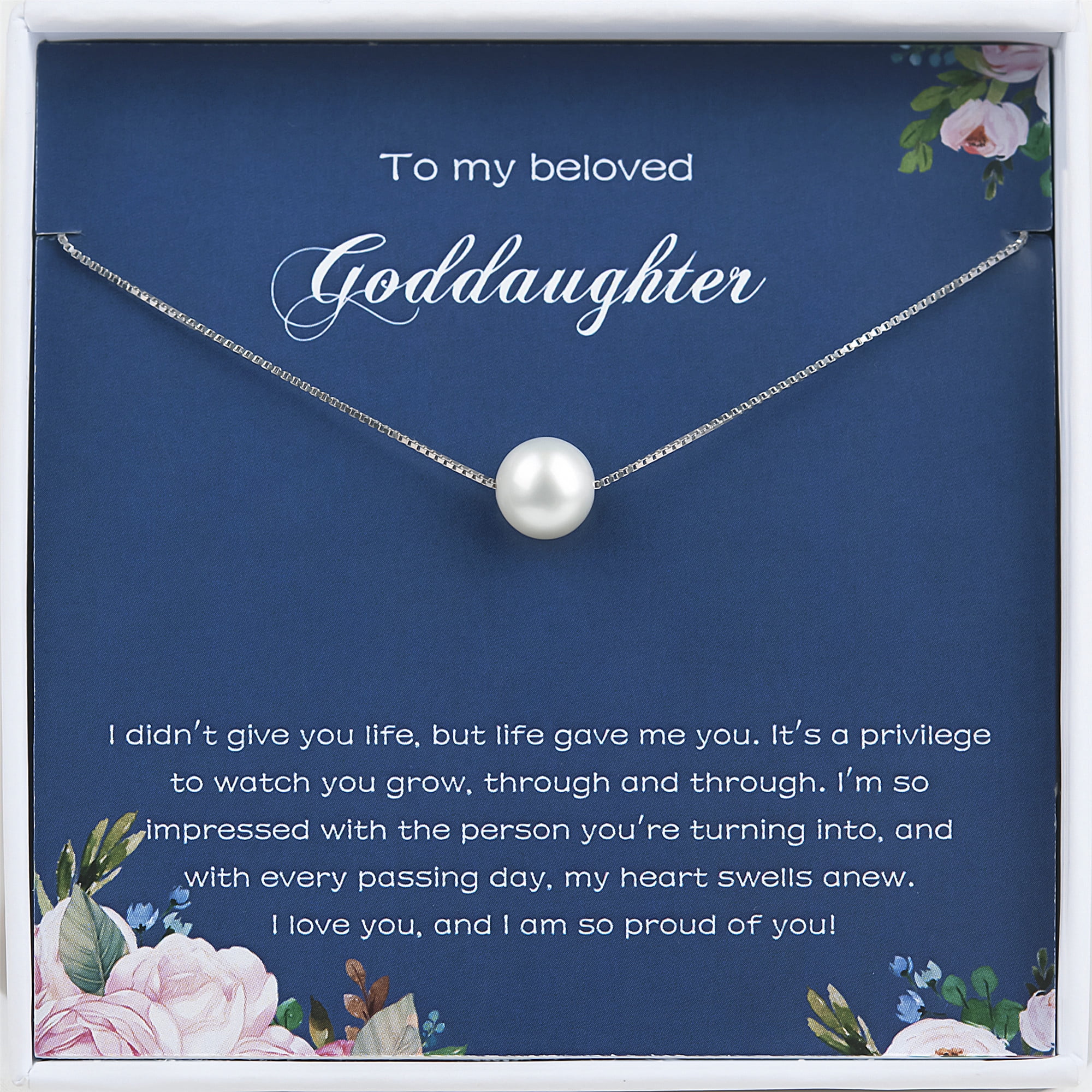 Anavia To My Beloved Goddaughter Gift Card, Goddaughter Birthday Gift from Godmother, Goddaughter Wedding Gift Pearl Necklace-[White Pearl + Silver Chain]