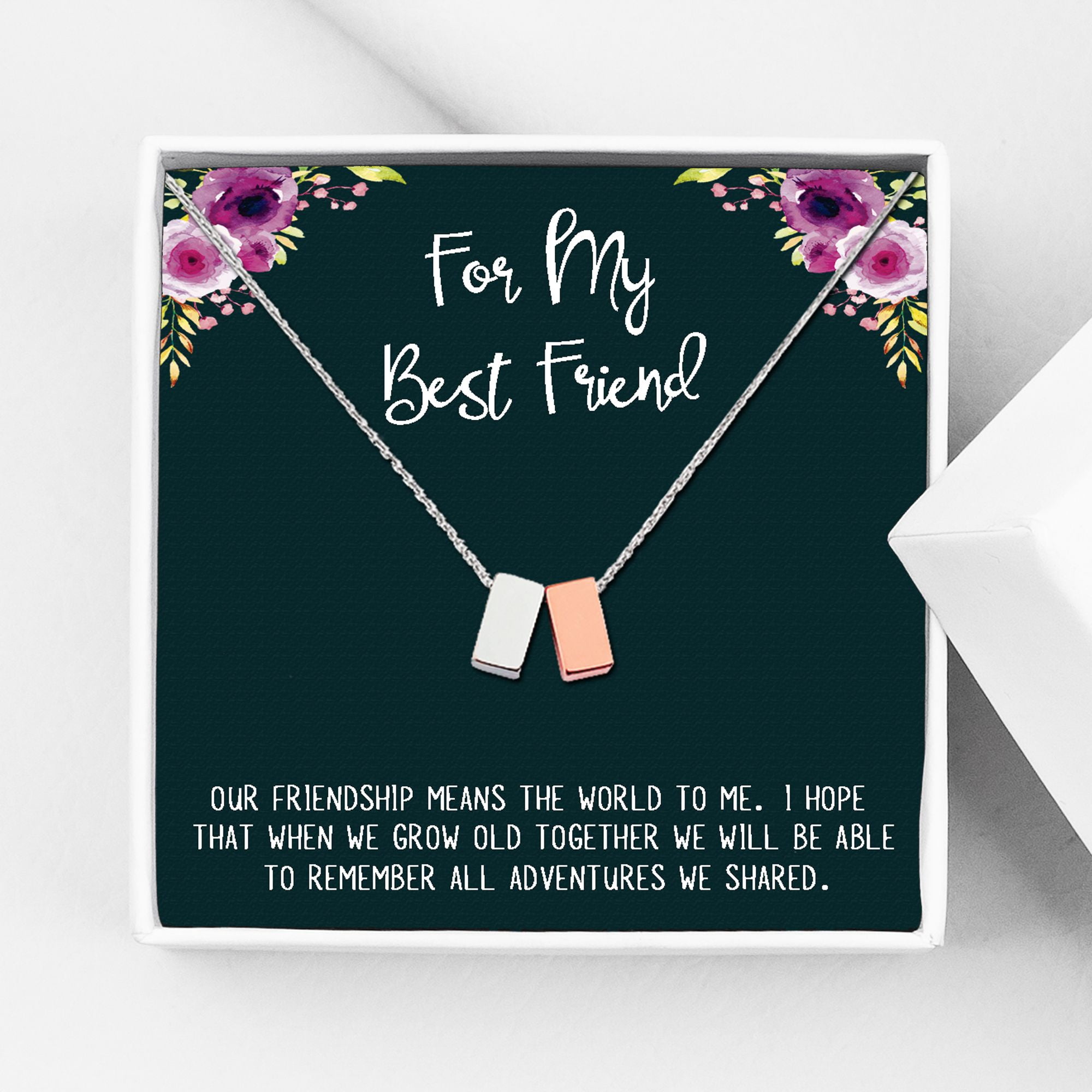 Anavia Best Friend Necklace, Friendship Necklace, Jewelry Gift, Gift for Friend, Birthday Gift, Christmas Gift for Her, Double Cubes Pendant Necklace with Wish Card -[1 Silver & 1 Rose Gold]