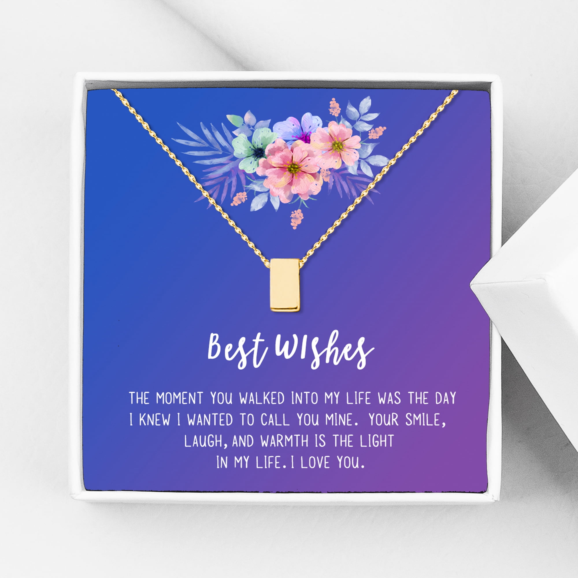 Anavia Best Wishes Gift Card High Quality Stainless Steel Fashion Necklace for Her, Girlfriend Gift, Wife Gift, Gift for Fiancee-[Gold Cube, Blue-Purple Gift Card]