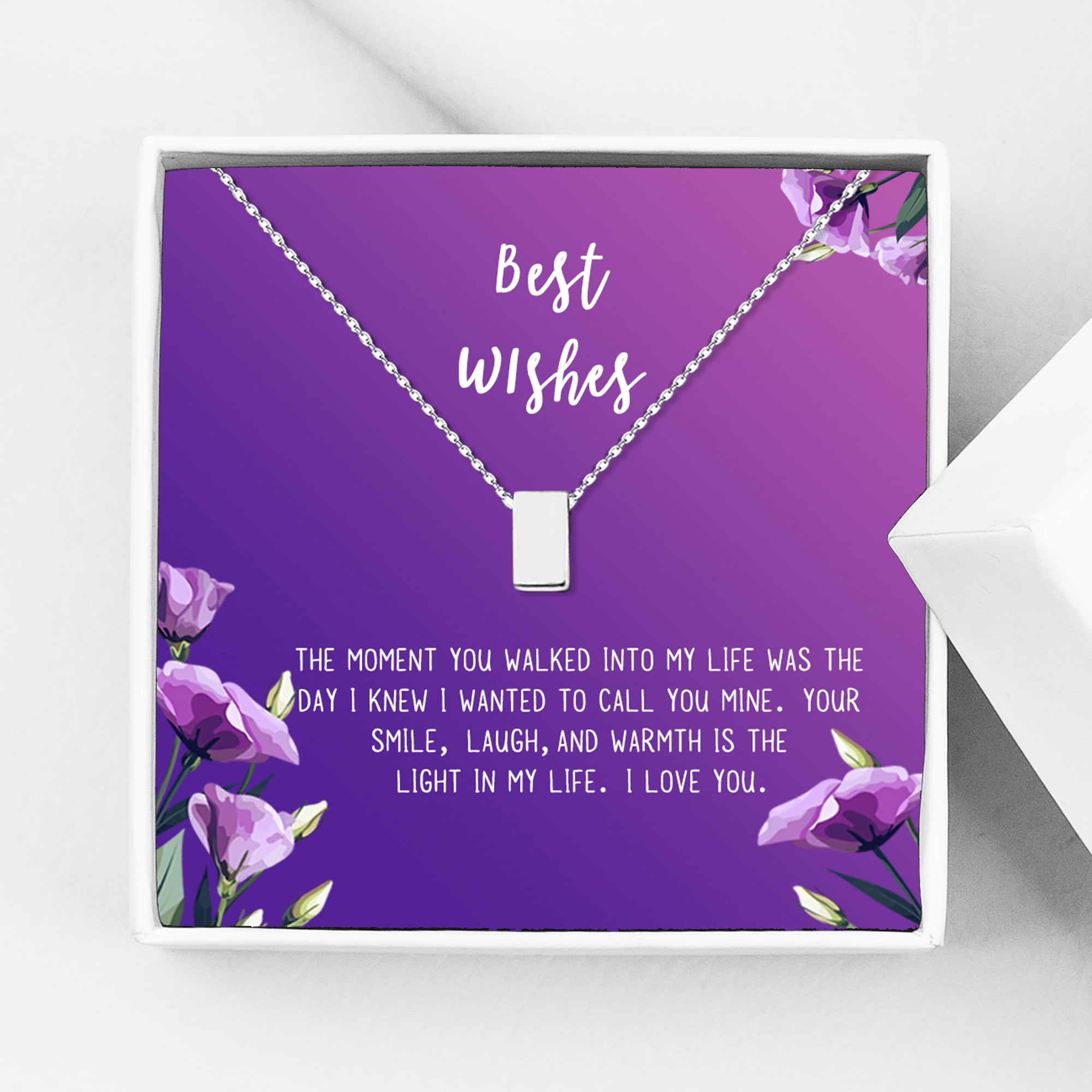 Anavia Best Wishes Gift Card High Quality Stainless Steel Fashion Necklace for Her, Girlfriend Gift, Wife Gift, Gift for Fiancee-[Silver Cube,Royal Purple Gift Card]
