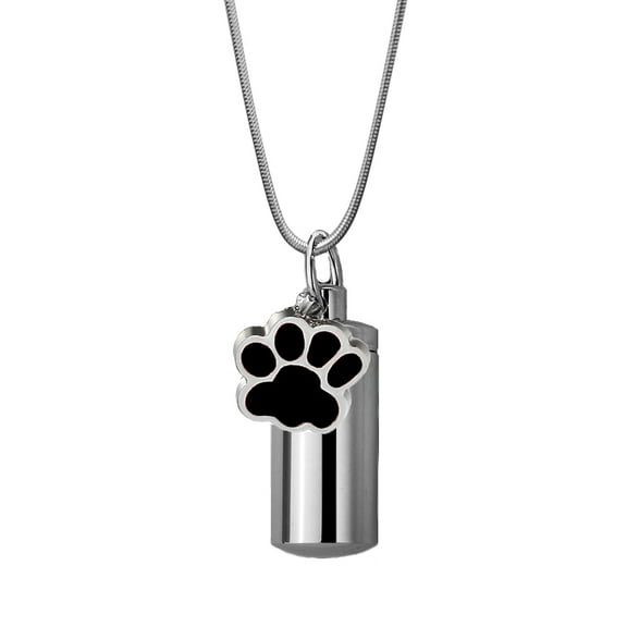 Anavia Black Dog Paw Print Charm Silver Cylinder Necklace Funeral Urn For Ashes Handcrafted with Free Funnel Kit and Velvet Jewelry Box