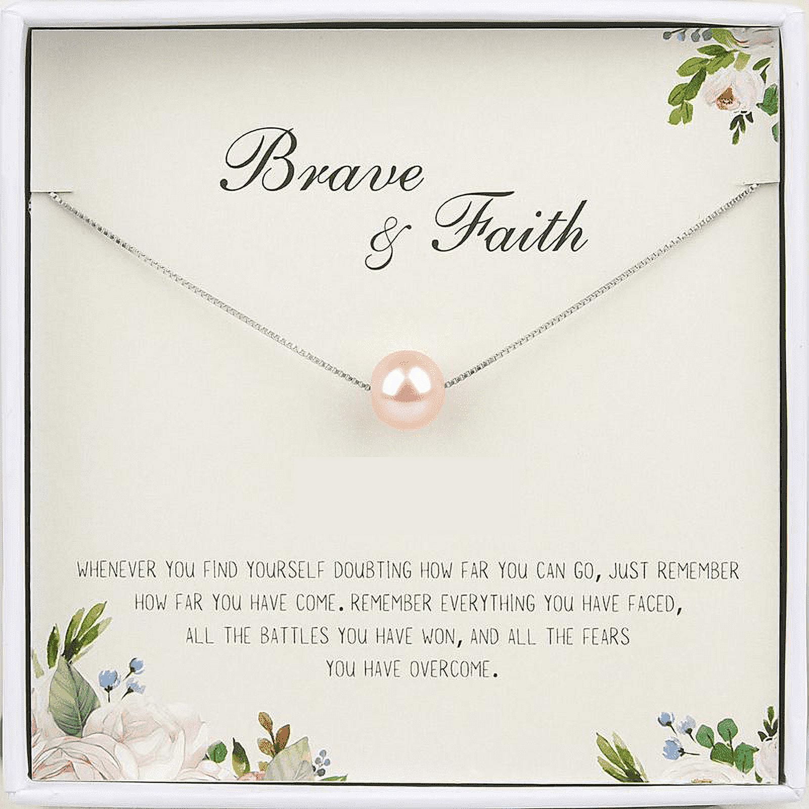 Anavia Brave and Faith Necklace Motivational Gift Necklace from Dad to Daughter, Encouragement Gift for Friend-[Pink Pearl + Silver Chain]