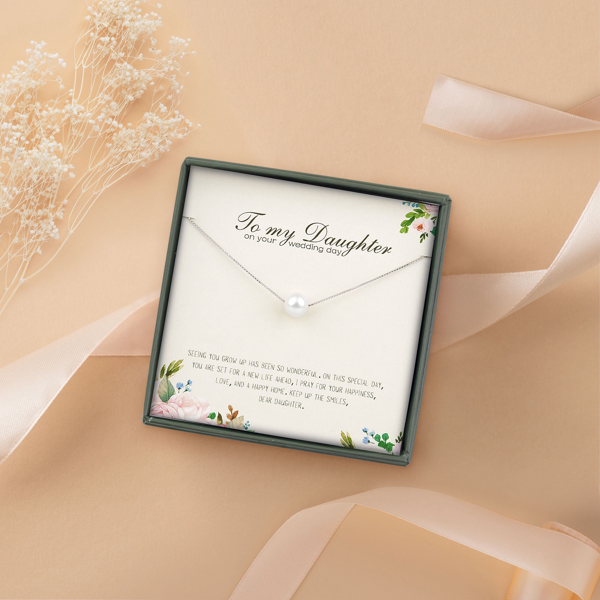Anavia Bride Gift from Mom to Daughter on Wedding Day, Wedding Day gift for Daughter, Dad for Daughter Bride Gift -[White Pearl + Silver Chain]
