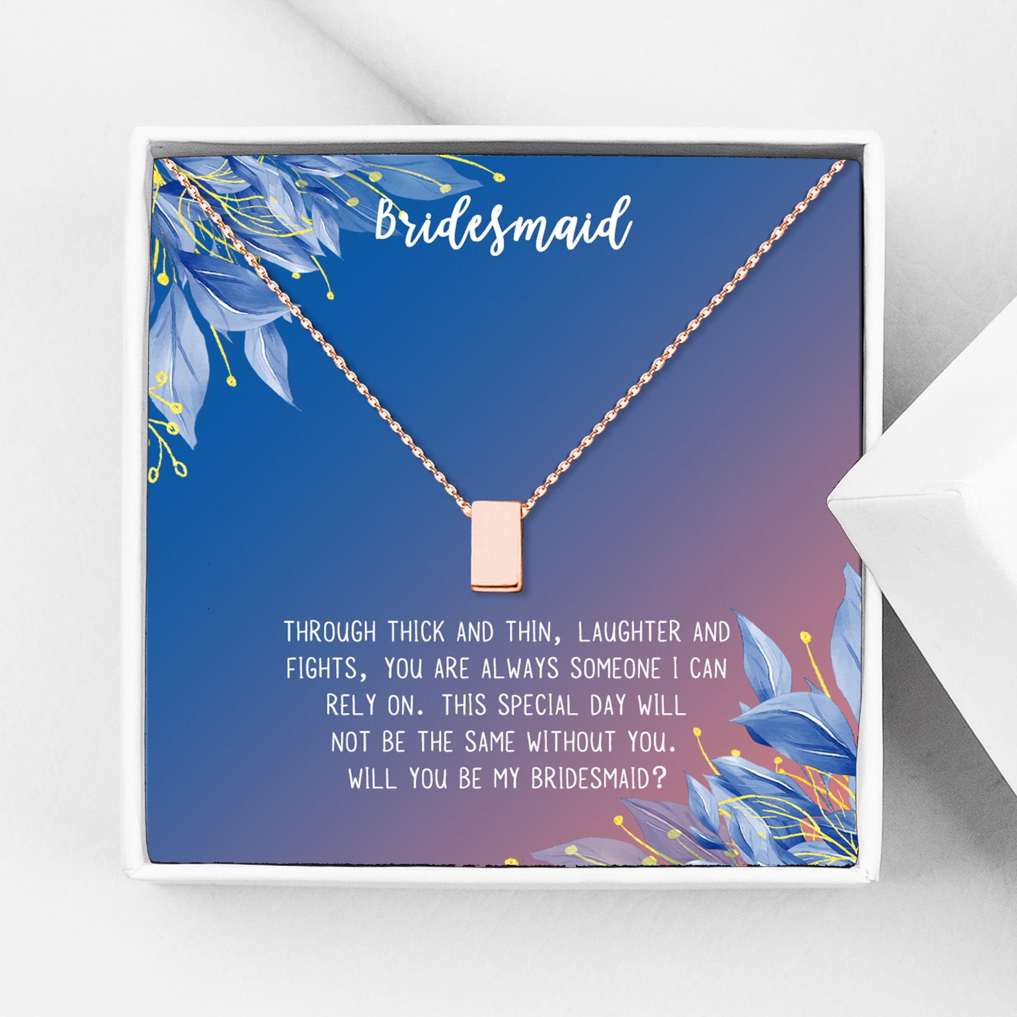 Anavia Bridesmaid Proposal Necklace, Will You Be My Bridesmaid, Bridal Party Gift Card Jewelry Necklace-[Rose Gold Cube, Blue-Orange Gift Card]