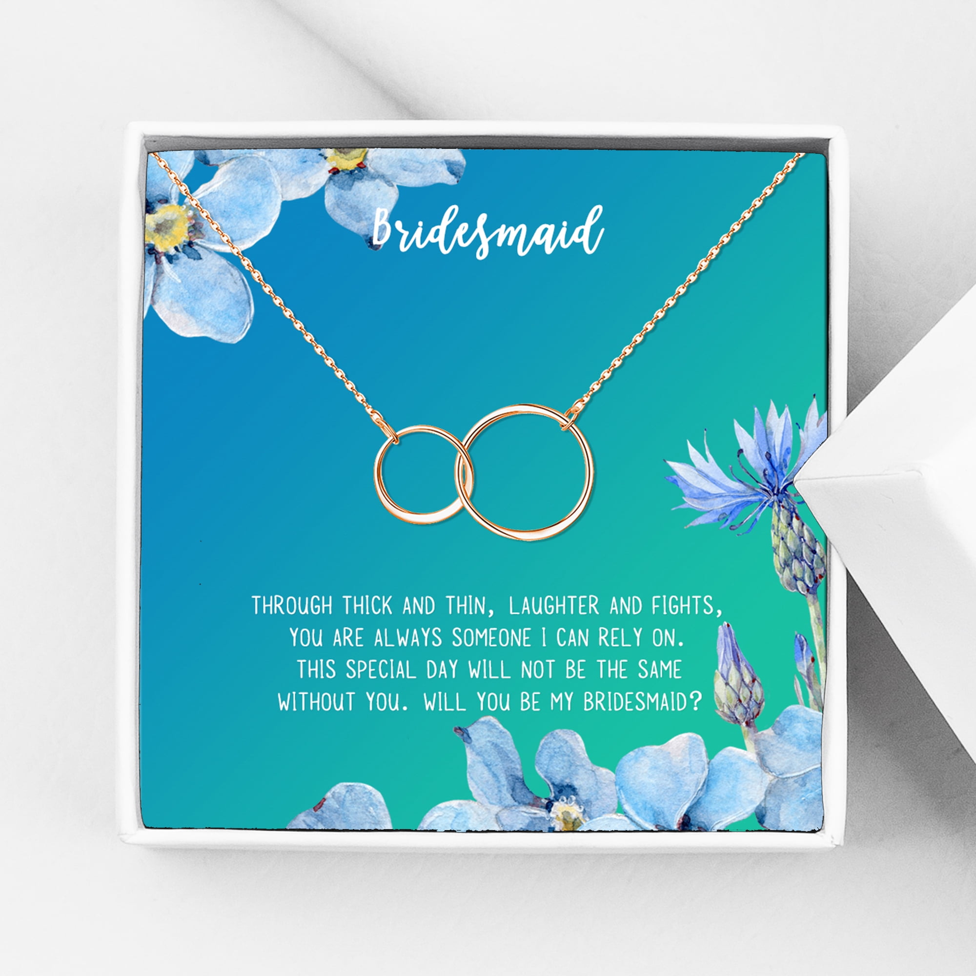 Anavia Bridesmaid Proposal Necklace, Will You Be My Bridesmaid, Bridal Party Gift Card Jewelry Necklace-[Rose Gold Infinity Double Ring, Bright Blue Gift Card]