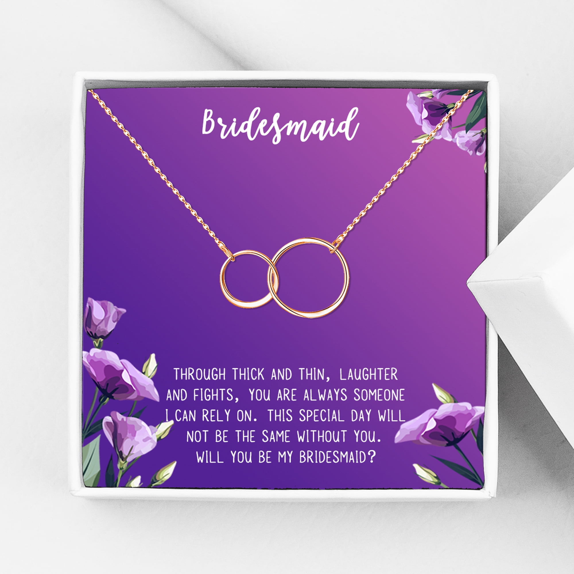 Anavia Bridesmaid Proposal Necklace, Will You Be My Bridesmaid, Bridal Party Gift Card Jewelry Necklace-[Rose Gold Infinity Double Ring, Royal Purple Gift Card]