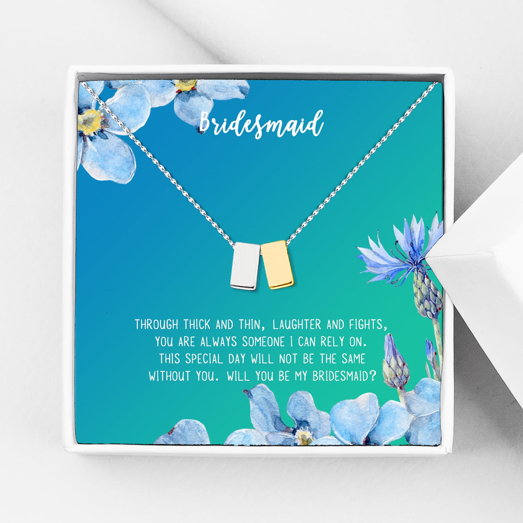 Anavia Bridesmaid Proposal Necklace, Will You Be My Bridesmaid, Bridal Party Gift Card Jewelry Necklace-[Silver and Gold Double Cube, Bright Blue Gift Card]