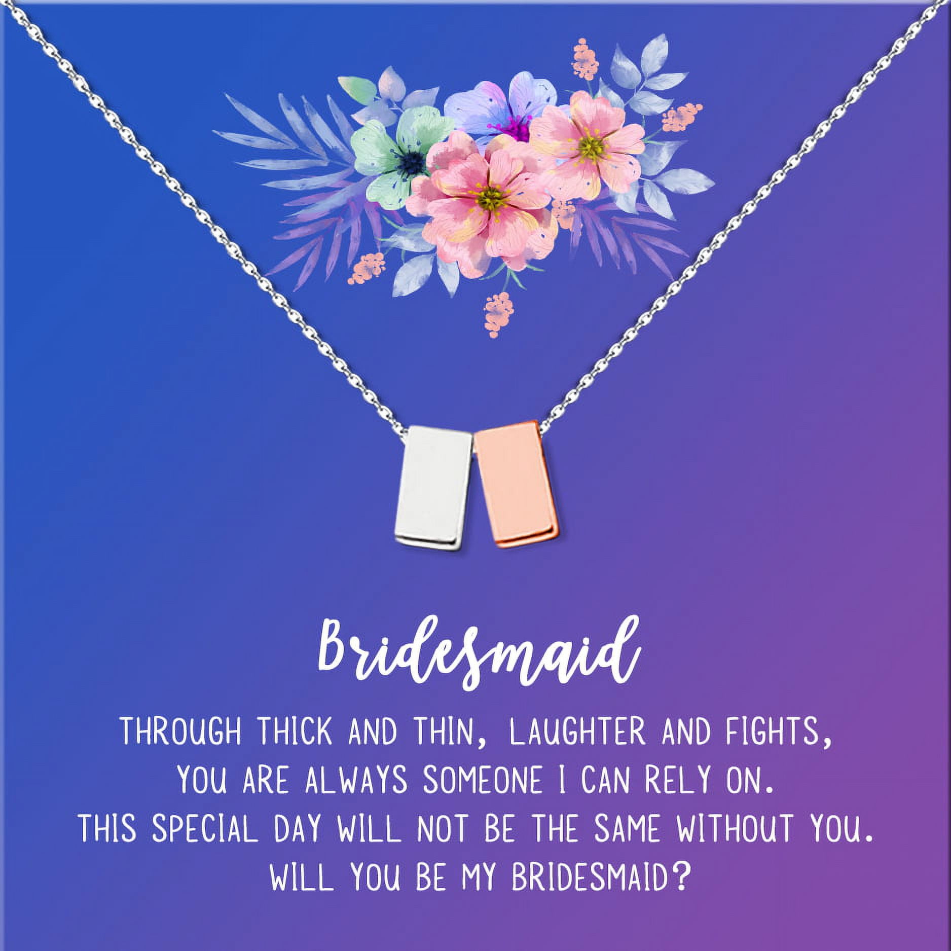 Anavia Bridesmaid Proposal Necklace, Will You Be My Bridesmaid, Bridal Party Gift Card Jewelry Necklace-[Silver and Rose Gold Double Cube, Blue-Purple Gift Card]