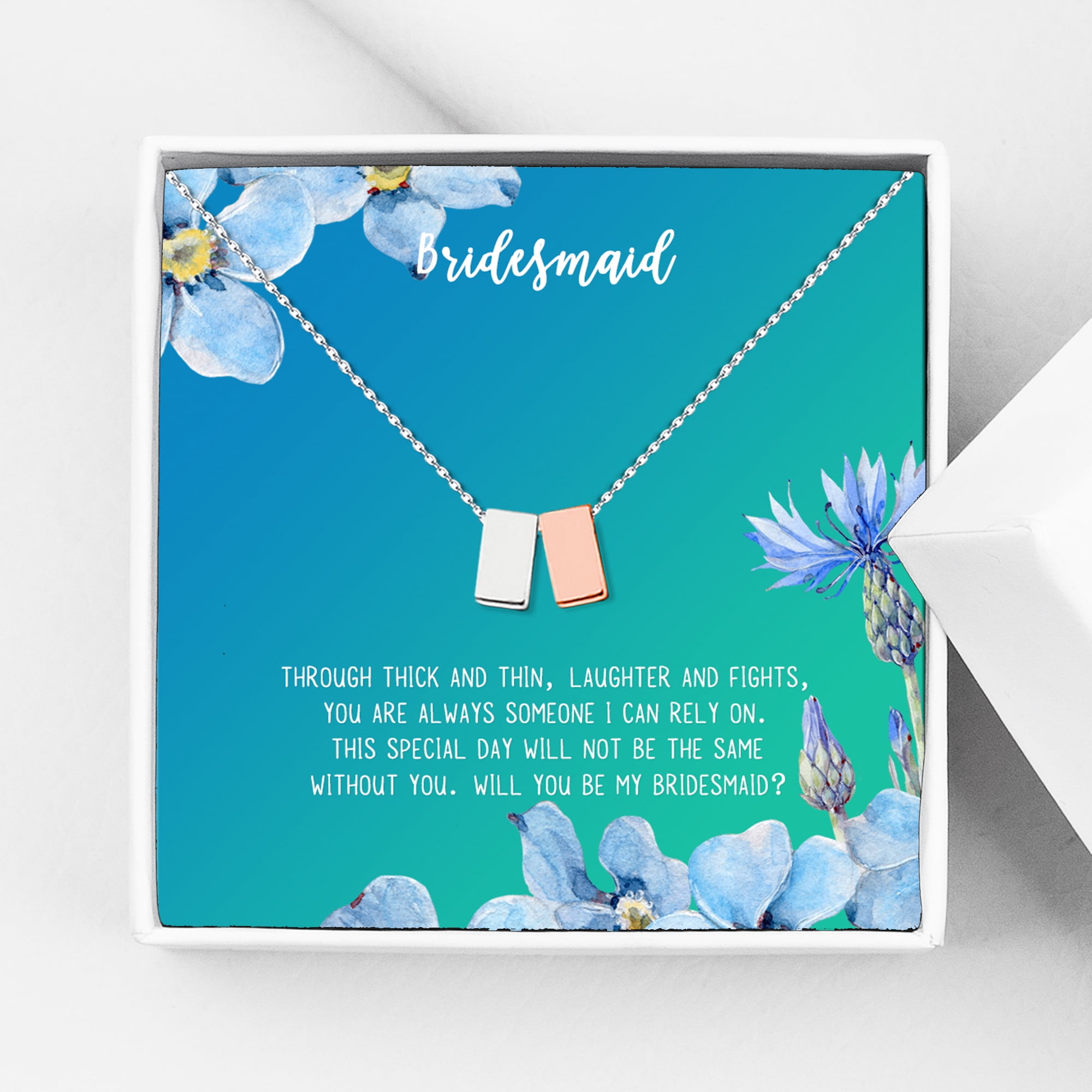 Anavia Bridesmaid Proposal Necklace, Will You Be My Bridesmaid, Bridal Party Gift Card Jewelry Necklace-[Silver and Rose Gold Double Cube, Bright Blue Gift Card]